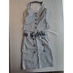 Vintage Y2K Nautica Vest and Skirt Set Blue Stripe Satin Belt